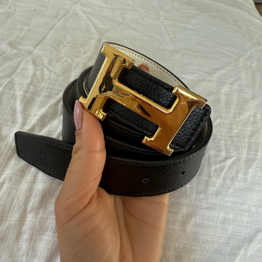 Hermes Black and Gold Leather Belt with Iconic H Buckle